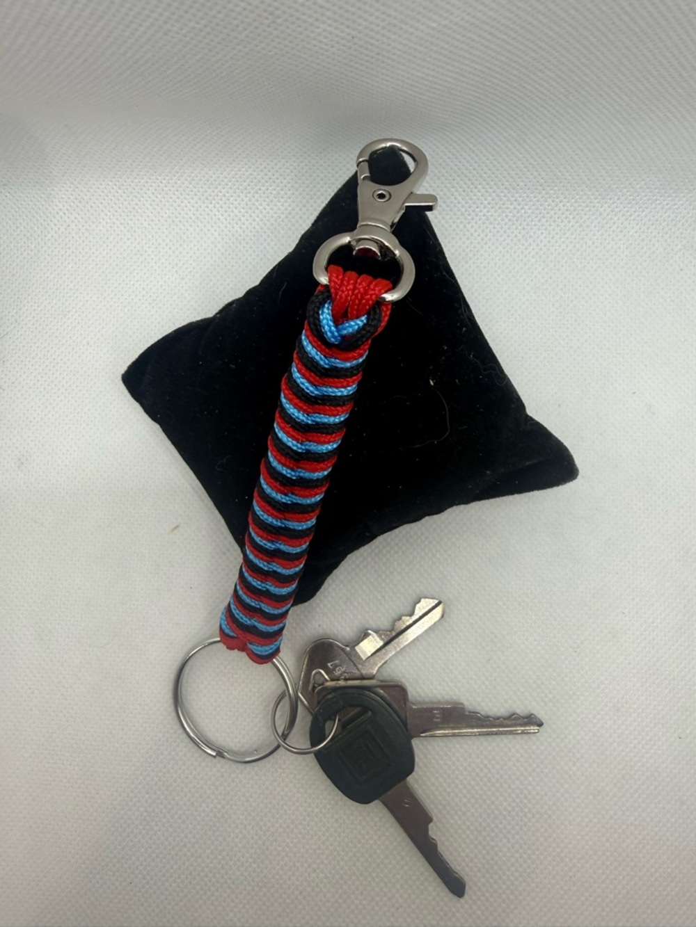 Handmade Red Blue & Black Paracord Keychain with Lobster Claw Clip